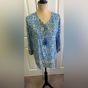 Ruby Rd. Blue and Yellow Patterned Blouse